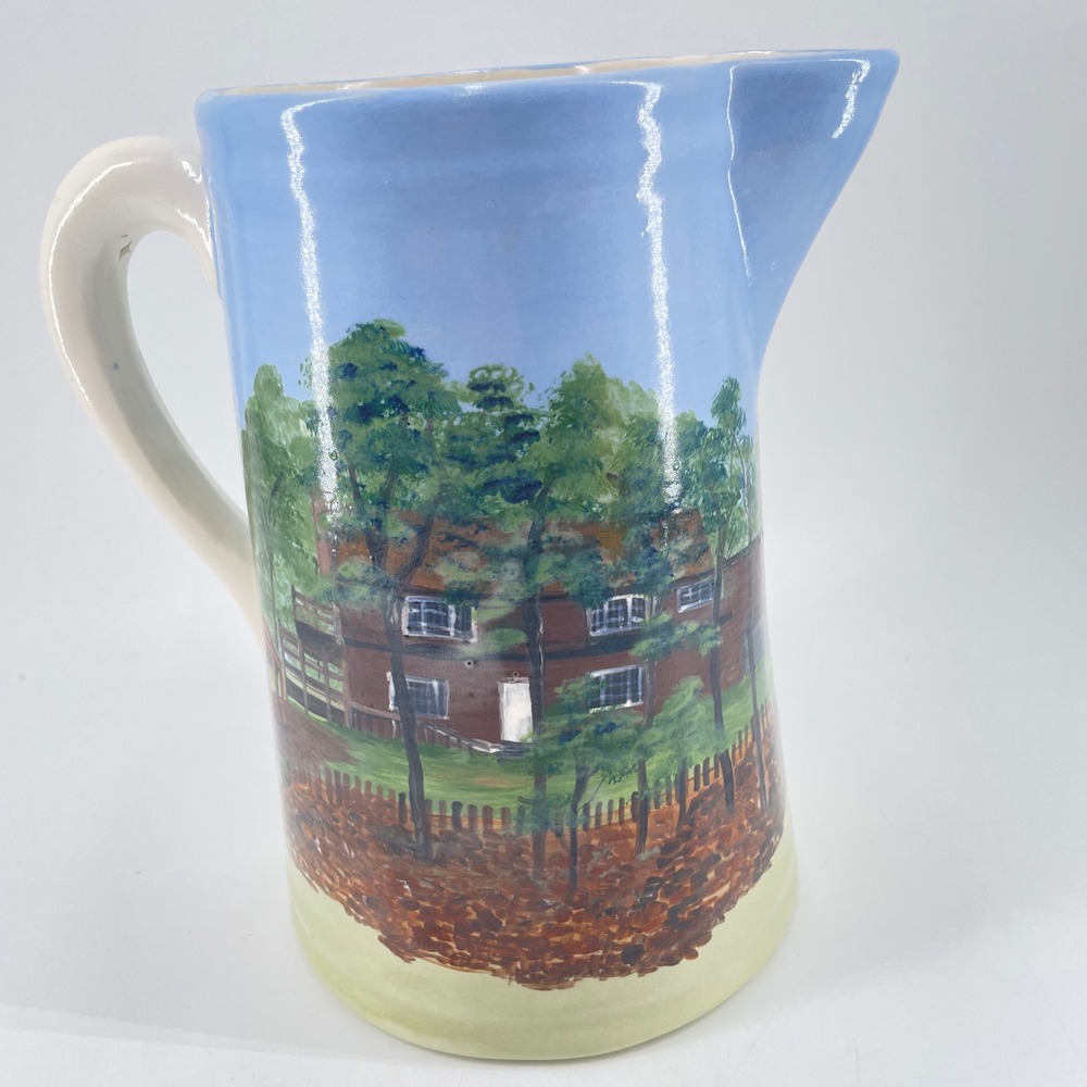 Vintage Hand Painted Ceramic Pitcher Cabin House Woodland Scene Folk Art Pottery